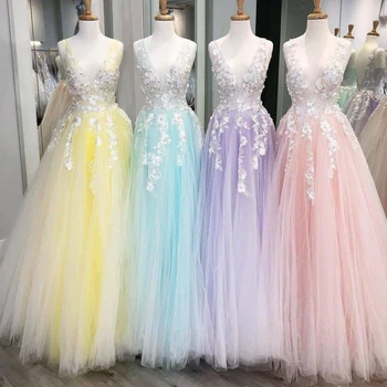 

Ball Gown Prom Dress 2020 Pink A-line Deep V-neck Sleeveless Applique Long Party Dress Formal Elegant Dresses Vestido Format