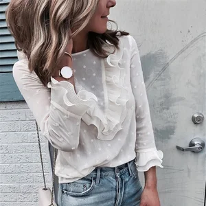 Women Blouse Shirt Long Sleeve Shirt Ruffle Tops Casual Loose Lady Blouse Polka Dot Print Blouses Womens Blouses