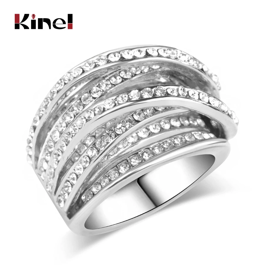 Silver Kinel Горячее предложение, винтажное античное многослойное кольцо для женщин, мозаика, AAA, циркон, кристалл, золотой цвет, двойное X кольцо на палец, роскошное ювелирное изделие - Цвет основного камня: Silver