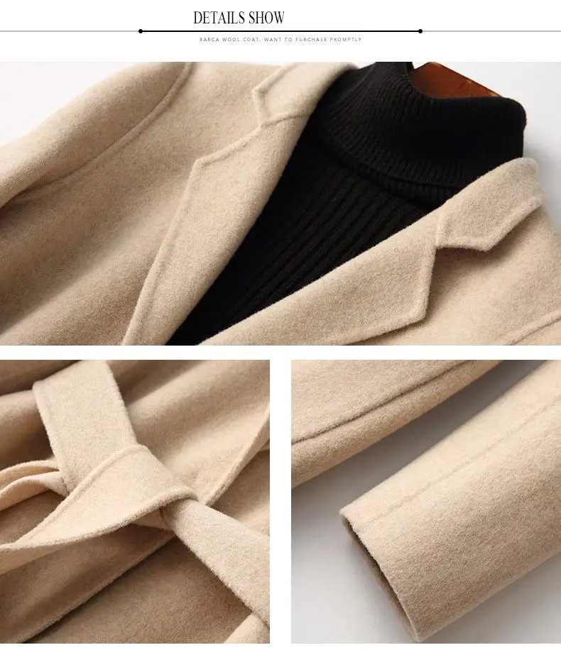 Для женщин осень-зима кашемировое пальто Двусторонняя шерстяное пальто женский Повседневное теплая куртка элегантная Однотонная удлиненная верхняя одежда T152