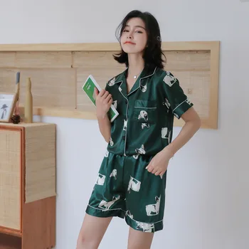 

Casual Women's Pajamas Sets V Neck Faux Silk Short Sleeve Top and Shorts Sleepwear Nightwear Breathable Homewear Female Pyjamas