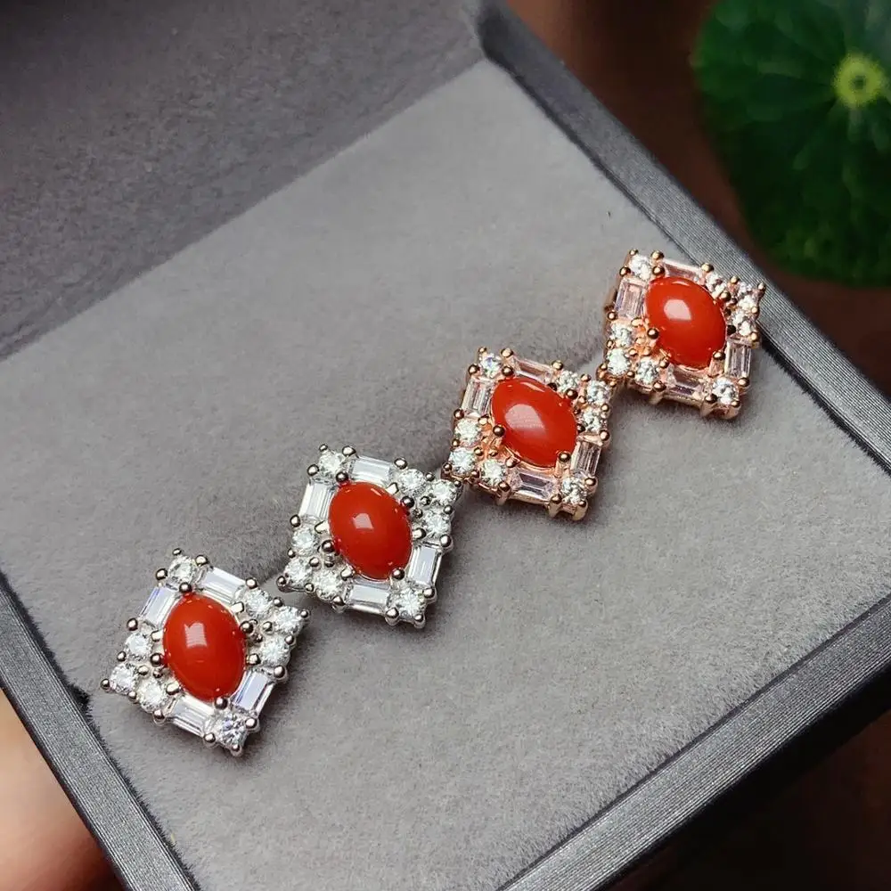 

shilovem 925 sterling silver Natural red coral drop earrings fine Jewelry women trendy anniversary wedding 5*7mm yhe0507893agsh