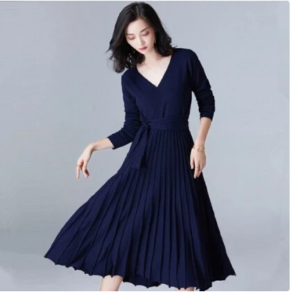 Photo Color SMTHMA High Quality New Fashion Winter Women Knitted Sweater Dress Sexy V-neck Thick Elegant Pleated Dresses Vestidos Free belt - Цвет: Photo Color