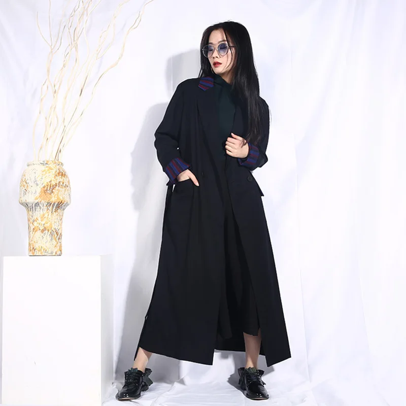 purple Fashion Tide New Spring Women Asymmetric Lapel Long Sleeve Striped Split Joint Irregular Windbreaker Trench Fashion Coat JO552 - Цвет: purple