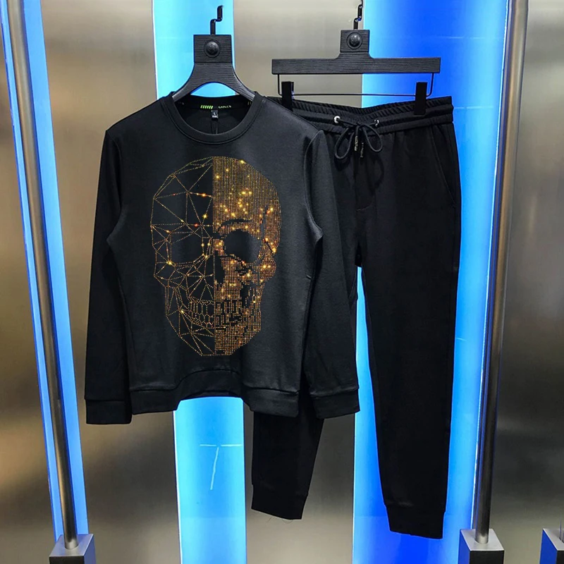 

Men's Sets Hoodie Skull Hot Drill Craft Track Suit Sweatshirt And Sweatpants 2-Piece Hip-Hop Couple Streetwear