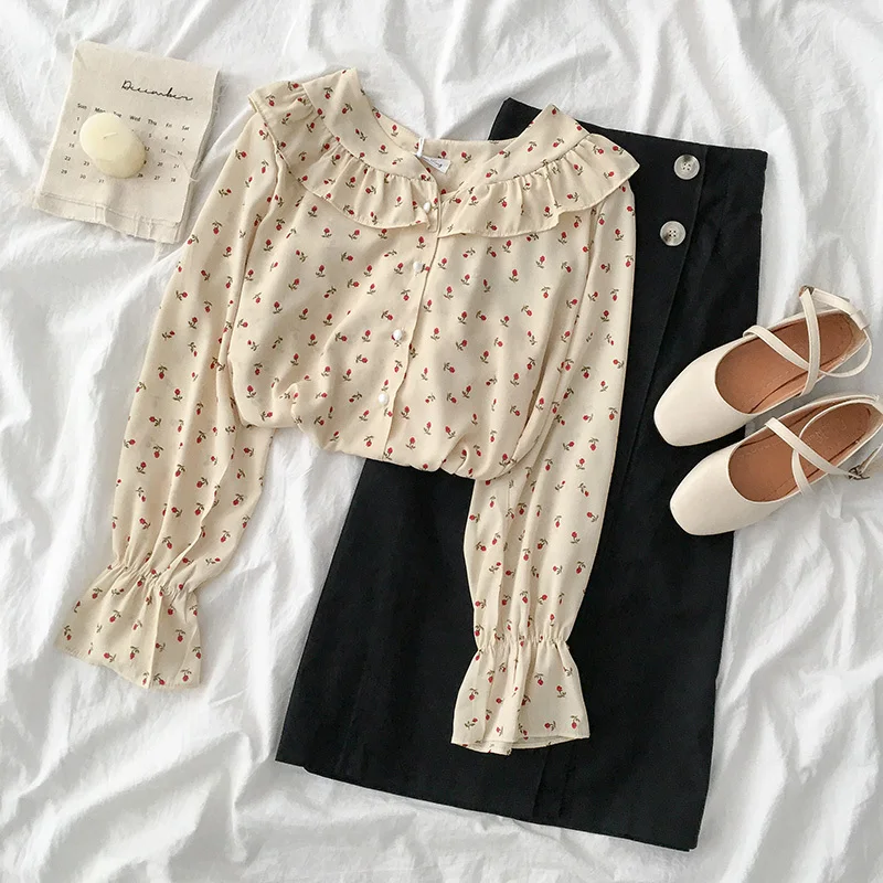 

Spring Elegant Skirt Set Women Casual Flower Pattern Blouse + High Waist Button Decor Maxi Skirt Female Two Pieces Set