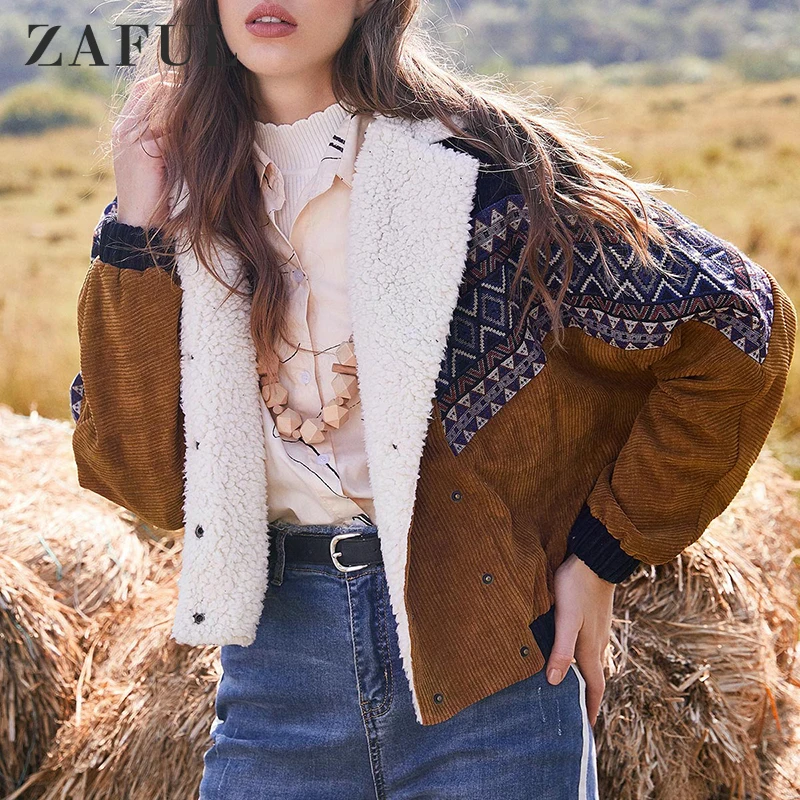 ZAFUL-Chaqueta Vintage con doble botonadura para mujer, abrigo con estampado Tribal, Panel de borreguito chaqueta de pana Otoño e - AliExpress Ropa mujer