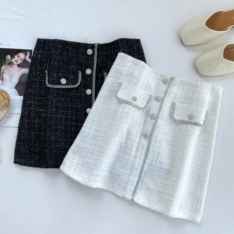 

Autumn Winter 2019 Plaid Wool Mini Skirts Women Black White Button Pocket Front Glitter Tweed Skirts