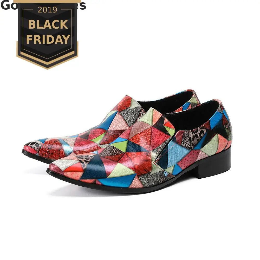 Mixed Color Men Loafers Genuine Leather Pointed Metal Capped Toe Casual Leather Shoes Slip-on Rubber Outsole Men Shoes Fashionable