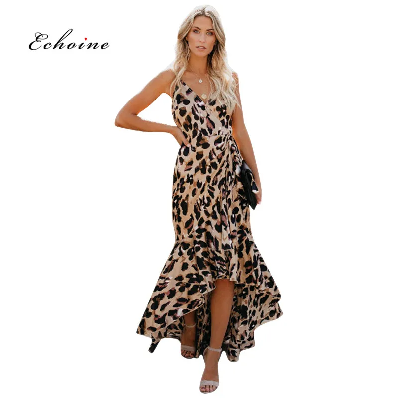 

Echoine Party Elegant Dress Women Leopard Print Spaghetti Straps Sleeveless Maxi Ruffle Asymmetrical Hem Lady Highstreet Outfits