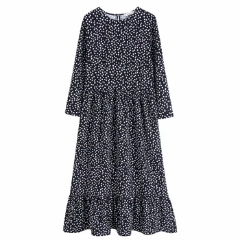 

2019 women vintage polk dots print hem ruffles midi dress female retro o neck vestido chic casual business autumn dresses DS3018
