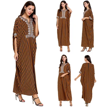 

Ramadan Women Muslim Abaya Stripes Maxi Dress Dubai Arab Jilbab Loose Kaftan Robe Islamic Clothing Gown Casual Farasha Dresses