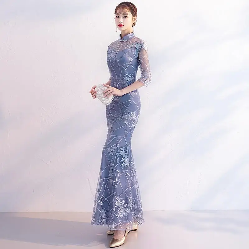 Женское платье в стиле ретро, китайский стиль, Qipao, сексуальное, тонкое, кружевное, для вечеринки, платье русалки, элегантное, серое, воротник-стойка, Cheongsam Robe De Soiree - Цвет: Серый