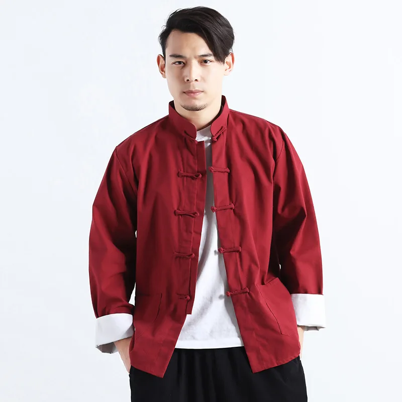 

Men Long Sleeve Linen Blouse Kung Fu Coat Outfit Traditional Chinese Style Tang Suit Cotton Hanfu TShirt Tee Top Tai Chi Uniform