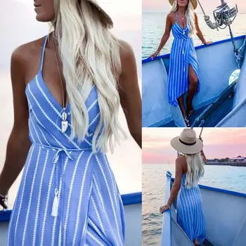 

New Women Striped Print Split Deep V Sleeveless Backless Midi Spaghetti Strap Dress