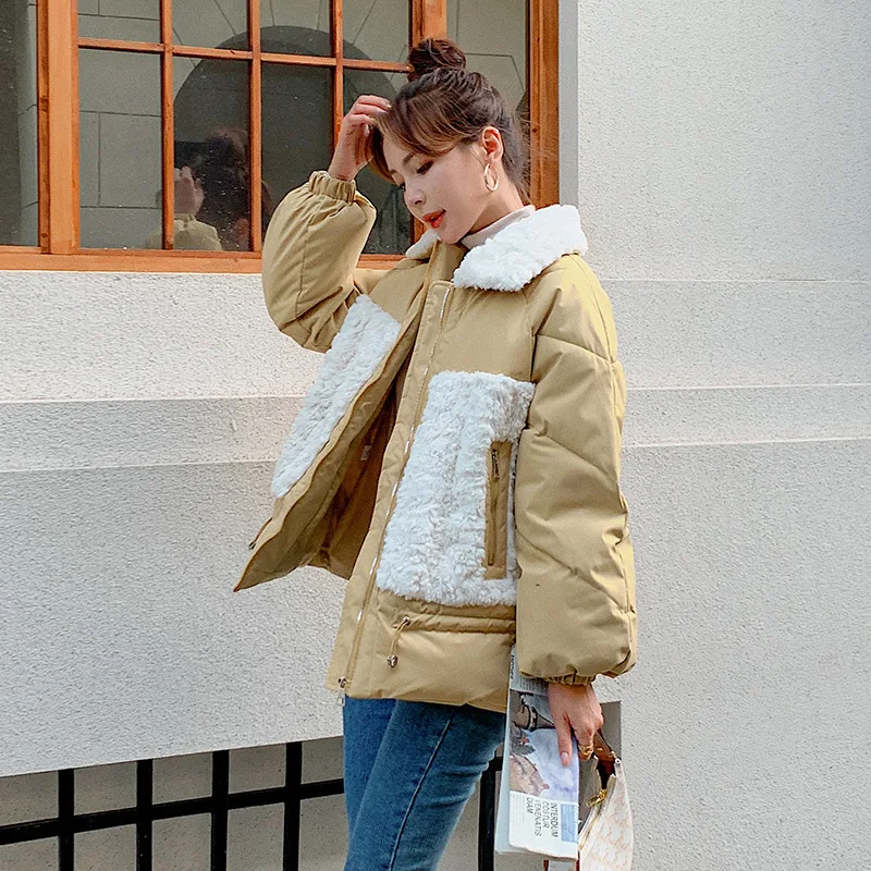 Thin light Down Cotton Jacket Female Winter New Short Coat Loose Lamb-like Wool Female Warm Cotton Outwear