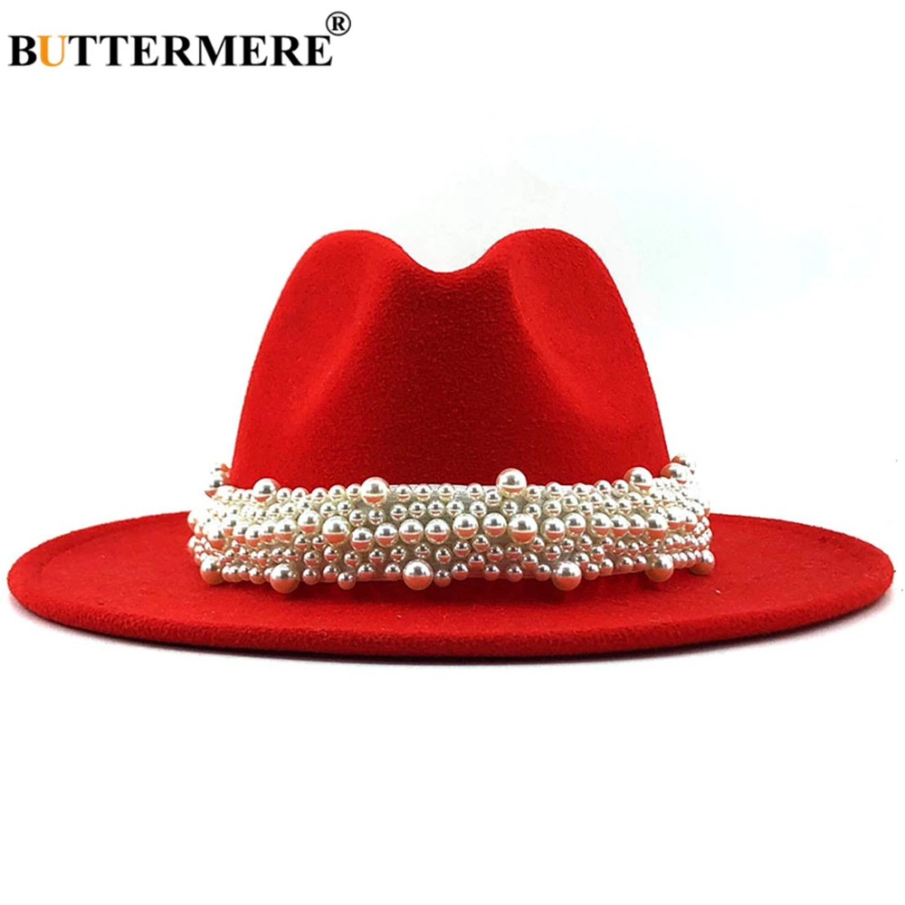 Women Fedora Hat Jazz Casual Pearl Felt 58-61CM