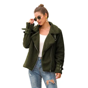 

Women Streetwear Side Zipper Closure Teddy Jacket Winter Open Stitch Dark Green Fleece Motorcycle Bomber Jacket and Coats