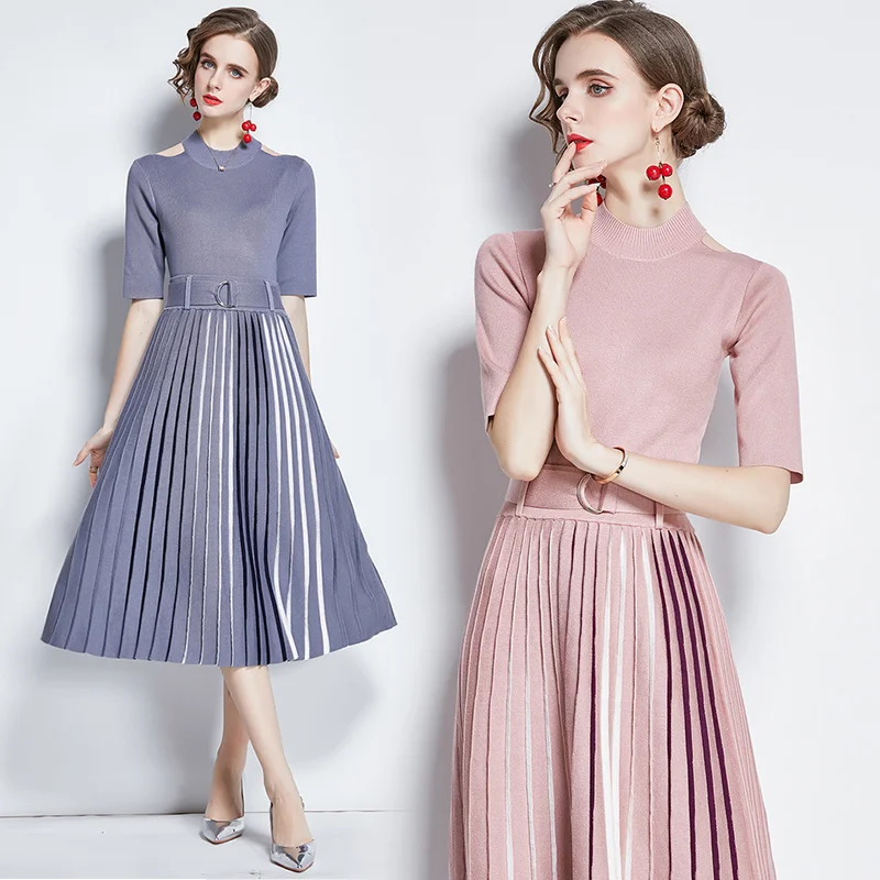 

Women Knitting Cotton Dresses Office Lady A-LINE Belt Mid-Calf Women Elegant Dresses O-Neck Party Purple 2021 New Women Dresses