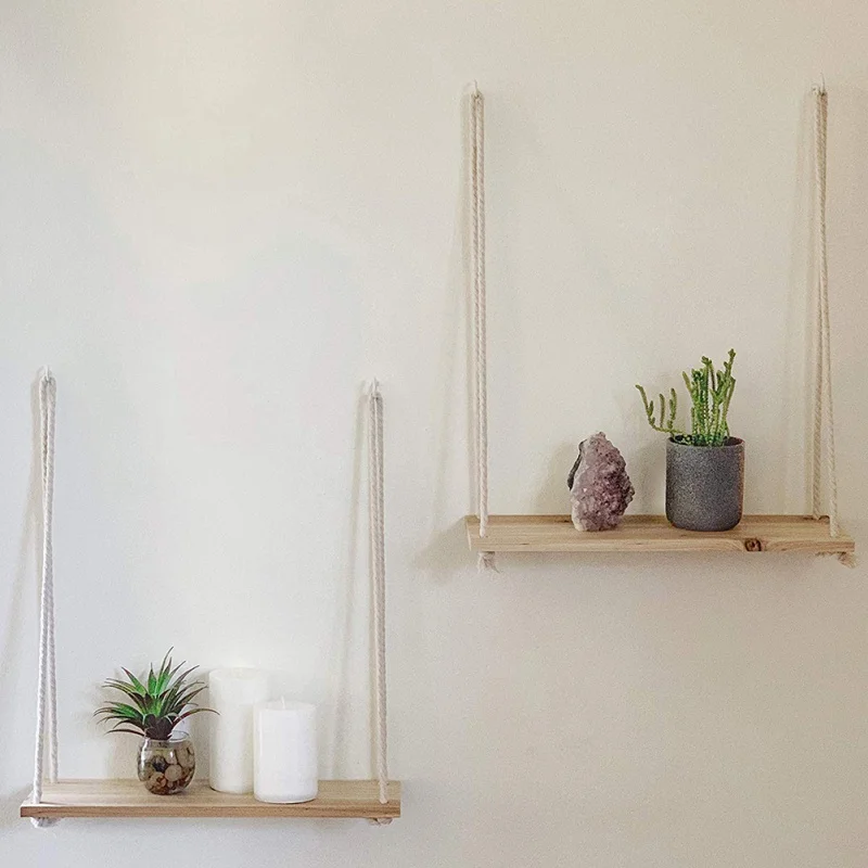 Hanging Wooden Plant Shelf Small Household Parts Storage Rack Wall Rope Hanging Shelf Bedroom Living Room Office Wall Decoration