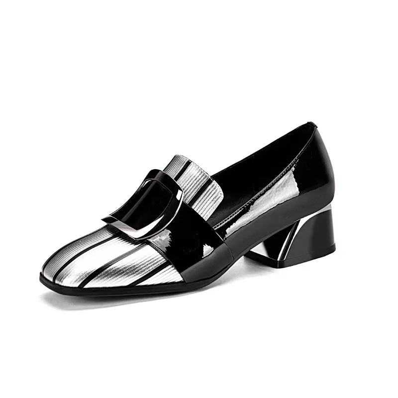 MoonMeek/; модные женские туфли-лодочки; простая женская обувь из натуральной кожи с пряжкой; модельные туфли на среднем каблуке с квадратным носком; большие размеры 33-43 - Цвет: Черный