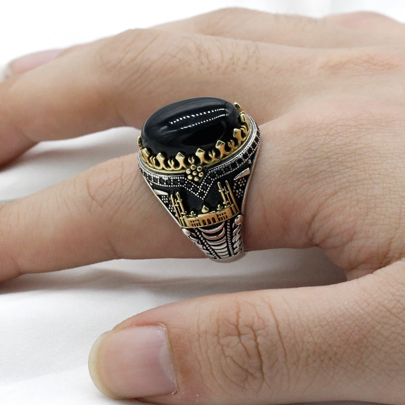 Black Natural Agate Stone Ring 925 Silver Men's Ring Castle Turkish Constantinople Auspicious Vintage Signet Ring Track Wedding 6