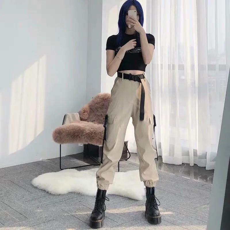 Armygreen Cargo Pants With Belt Women Capri Casual High Waist Trousers  Ladies Black Harajuku Hip Hop Joggers School Streetwear - AliExpress