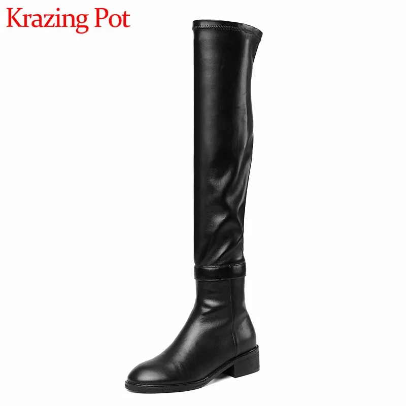 

Krazing Pot new cow leather long boots round toe high heels side zipper solid winter keep warm women basic thigh high boots L51