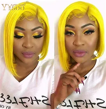 

YYsoo Natural Looking Short Bob Synthetic Lace Front Wig Light Yellow Glueless Heat Resistant Fiber Middle parting for Women Wig