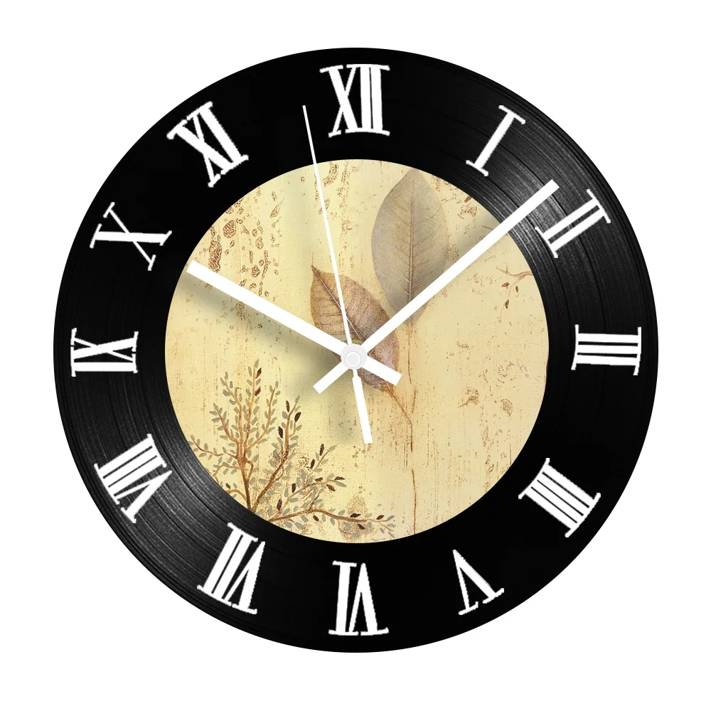 Roman Numbers Retro Decorative Record Clock Plants Silent Retro Vintage Wall Clocks for Study Living Room Decor