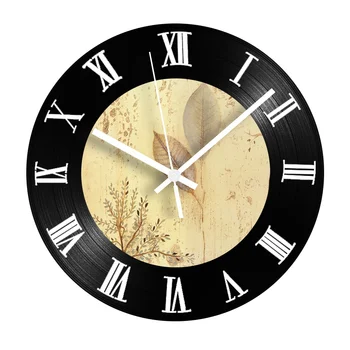 

Roman Numbers Retro Decorative Record Clock Plants Silent Retro Vintage Wall Clocks for Study Living Room Decor