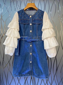 

2020 New Style for Autumn and Winter Women's Crew Neck Set Diamond Sleeve Layer-by-Layer Color Stitching Denim Strap Dress 907