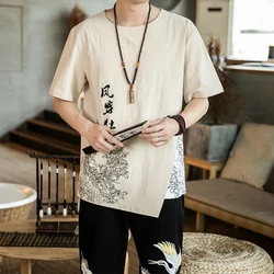 T Shirt japonais pour hommes, Kimono décontracté, Style Harajuku, vêtements à la mode, chemise en lin imprimé, couleur unie, manches courtes 