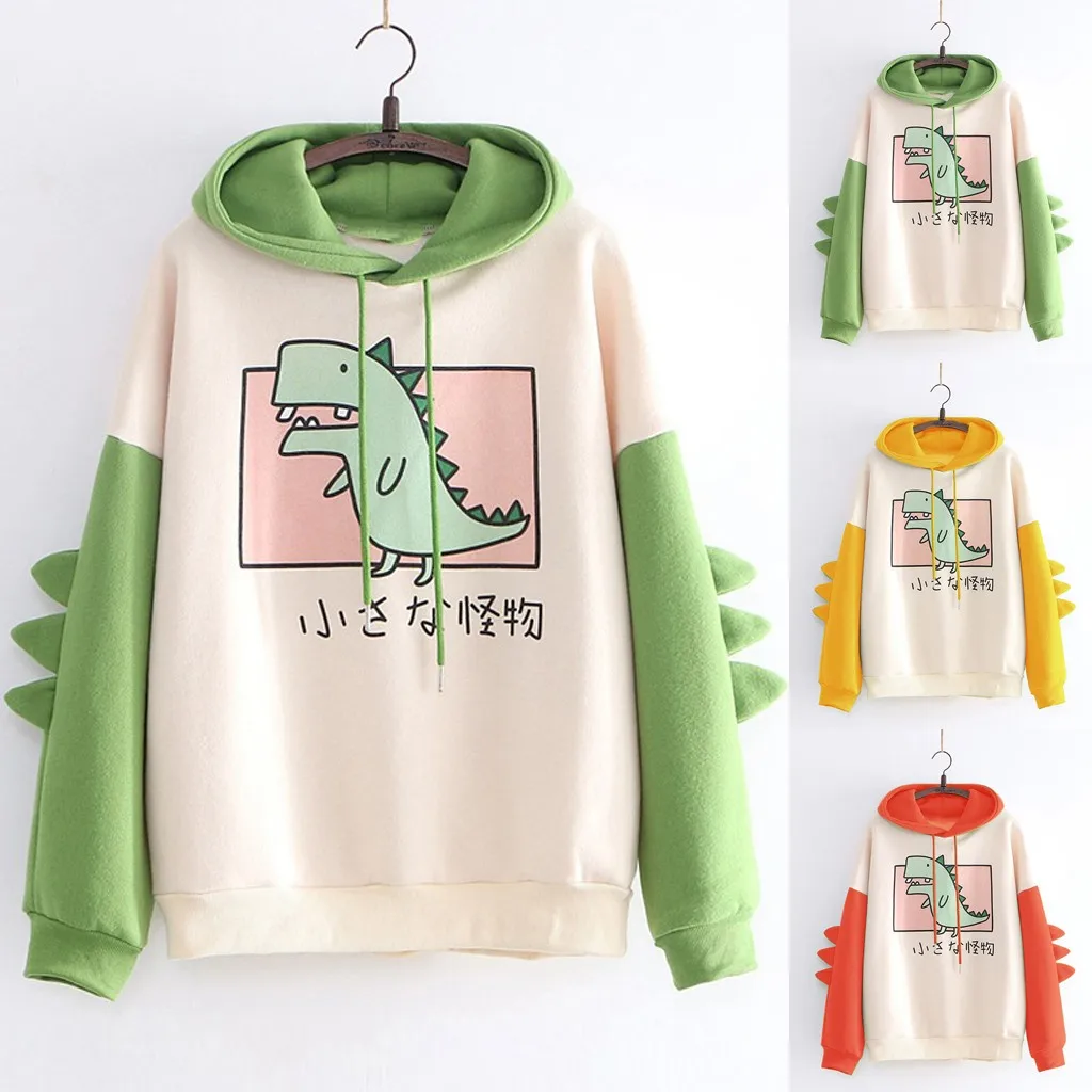 

Fashion Women Dinosaur Print Splice Sweatshirt Long Sleeve Patchwork Pullover Casual Autumn Winter Oversize Harajuku Hooded