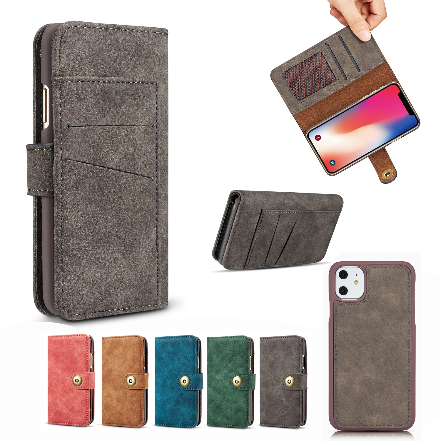

Multi-function Phone Case Shell For iPhone 5 6 6s 7 8 Plus X XS XR XSMAX 11 Pro Max 2 In 1 Flip Split Leather Cases Back Cover