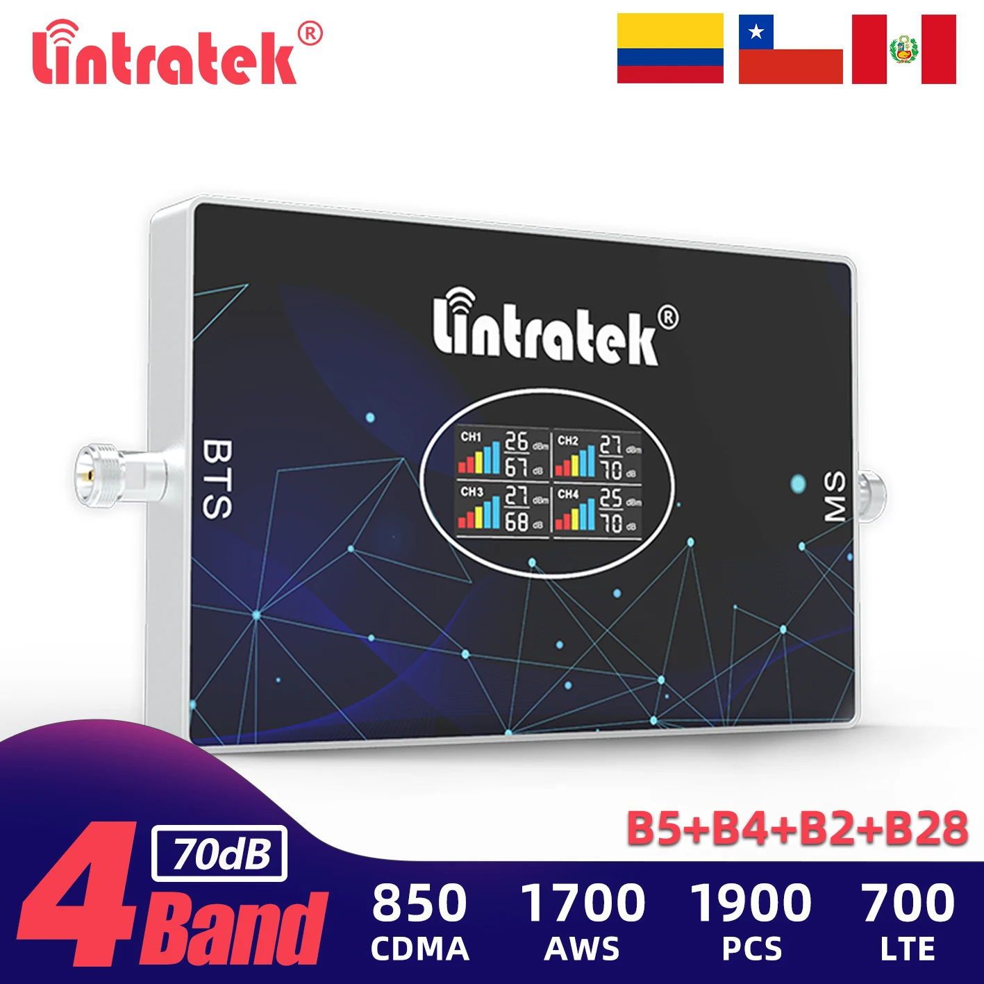 Lintratek Four-Band Signal Repeater 850 700 1900 1700 Band 28 Cellular Booster 2G GSM 3G 4G LTE Cell Phone Network Amplifier 5 band mobile network booster 2g 3g 4g 5g lte signal for cell phone cellular repeater amplifier
