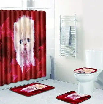 

Cat Shower Curtain Mats 4 Piece Ensuite Toilet Shower Curtains Bathroom Curtain