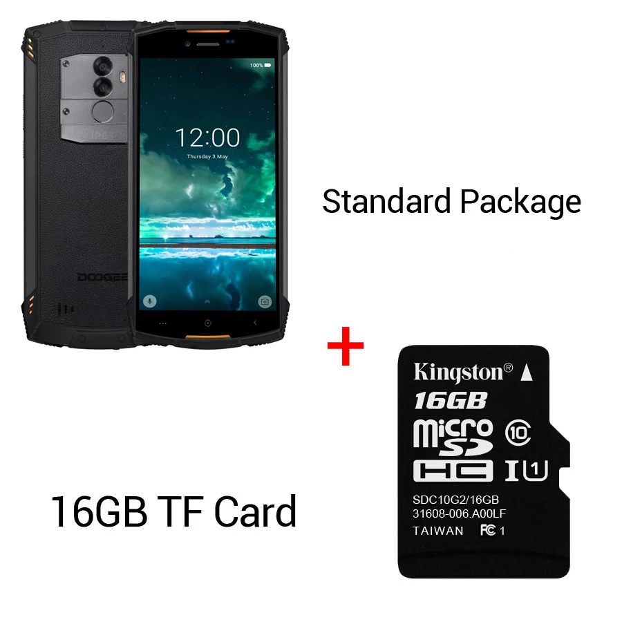 DOOGEE S55 Android 8.0 5.5'' Mobile Phone 4GB RAM 64GB ROM 5500mAh MTK6750T Octa Core Waterproof Fingerprint Dual 13+8 MP OTA - Цвет: Orange n 16GB Card