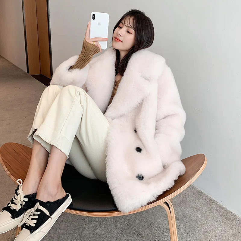 

PTSLAN Women's Real Wool Suede Coat Jackets Fur Coat