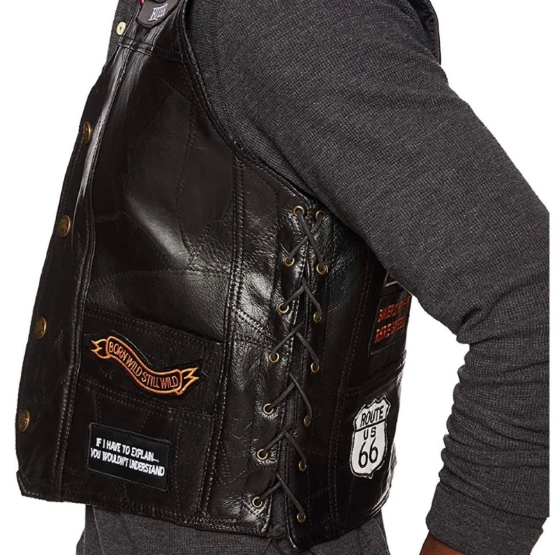 Motorcycle Leather Vest Men Motorcycle Jacket Bicycle Casual Waistcoat with Punk Retro Classical Badges Motocross Equipment