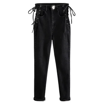 

WOMENGAGA 2020 New Casual Bandage Rhinestone Buttons Wild Straight Black Denim Trousers Girl Female Streetwear Casual A924