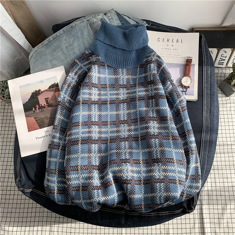 Winter Turtleneck Sweater Men's Warm Fashion Casual Retro Knit Pullover Men Streetwear Plaid Sweater Male Sweter Clothes - Цвет: blue