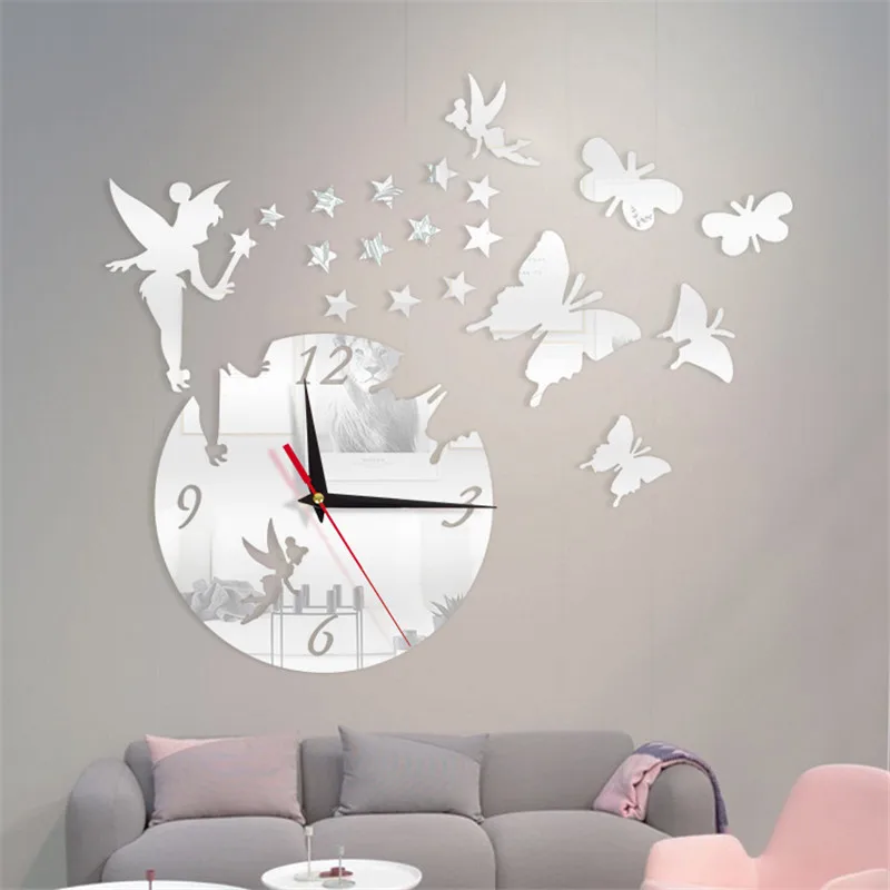 Wall stickers for kids rooms girls fairy butterfly self adhesive acrylic mirror stickers watch modern room bedroom home decor