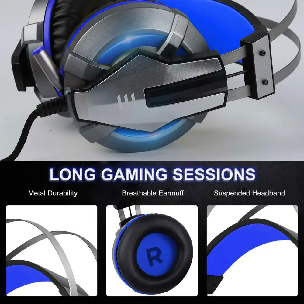 EKSA E800 Gaming Headset Gamer Over Ear Wired Headphones for Smartphone PS4 PC Xbox with Retractable Rotate Microphone LED Light