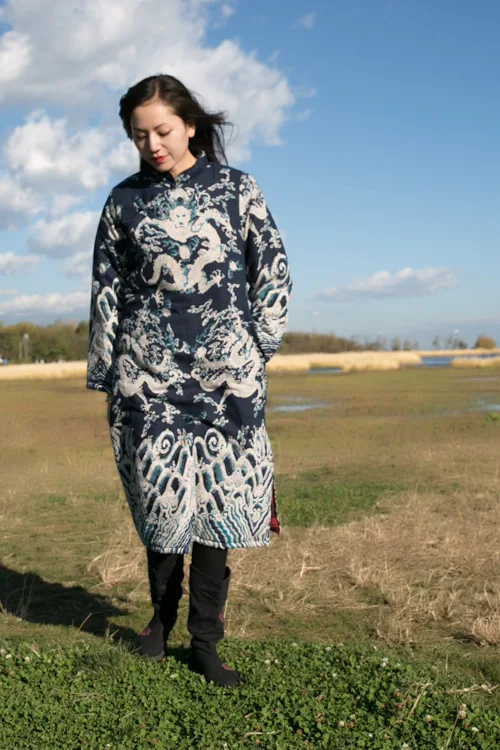 

2019 Autumn And Winter WOMEN'S Dress National Wind Cotton Linen Dragon Design Printed Chinese Style Slim Fit Long Cotton-padded