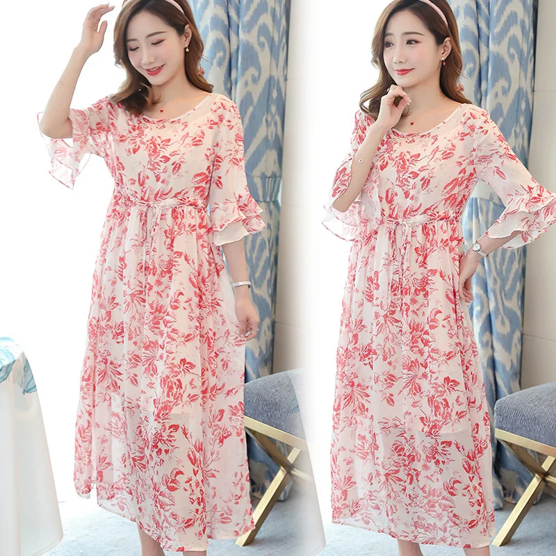 

Photo Shoot 6055 #2019 Spring And Summer New Style Korean-style Floral-Print Feifei Chiffon Maxi Dress Pregnant Women Dress