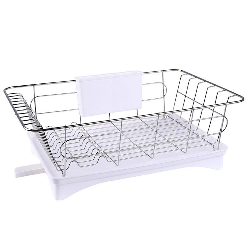 

Stainless Steel Dish Drainer Drying Rack With 3-Piece Set Removable Rust Proof Utensil Holde For Kitchen Counter Storage Rack Wh