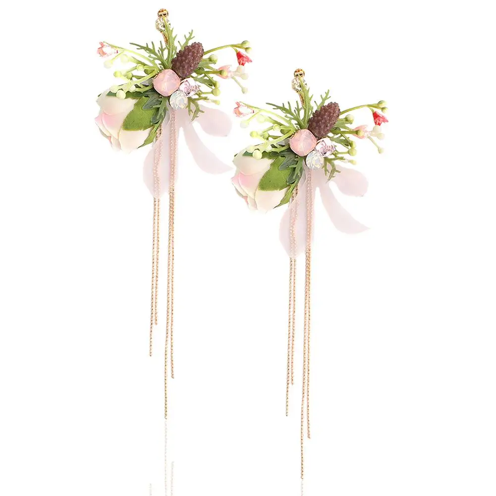 Ear Clips Bride Bridesmaid Fabric Simulation Flowers Fringed Earring For Women Fashion Jewelry Hanging Earrings Jewelry Dropship