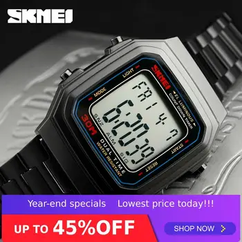 

SKMEI Men's Square Stainless Steel Digital Wrist Watchs Casual Waterproof Sports Man Watch 12/24 Hour Countdown Stopwatch 1337