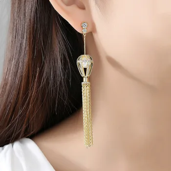 

Fashion Yellow Gold Balloon Lantern Tassel Chain Dangle Earring Paved AAA Zircon Shell Pearl Long Chain Earrings Women Wedding